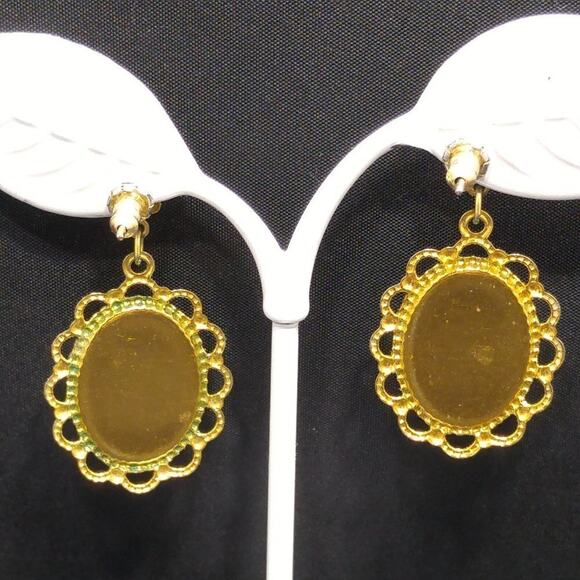 Vintage Gold Foil Lucite Post Earrings, Filigree Frames, Clear Lucite, 1 1/2 In - Picture 7 of 12